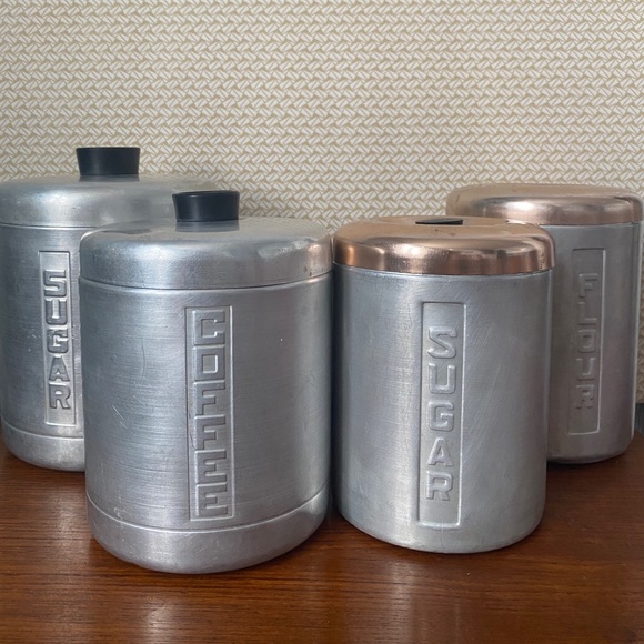 Vintage Other - Mid Century Canister Storage Tins Coffee Tea Sugar Flour Chrome Copper Rose Gold